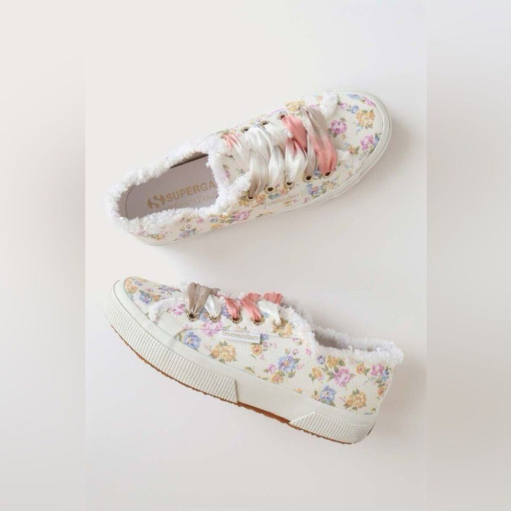 Superga Women’s Floral Canvas Sneakers EU 41 Frayed Distressed Ribbon Lace Shoes